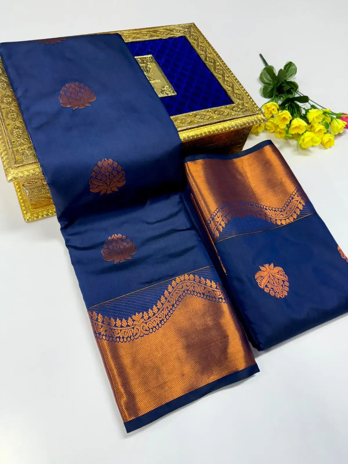 Copper Zari Floral Tree Butta Brocade Border Semi Kanchipuram Silk Saree